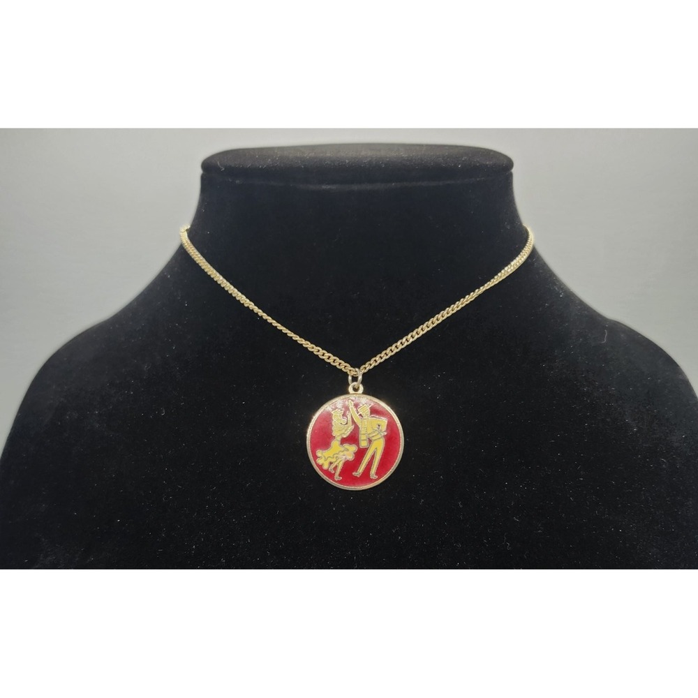 Vintage Folk Dance Enamel Pendant Necklace Gold Tone Dancer Charm Red Yellow